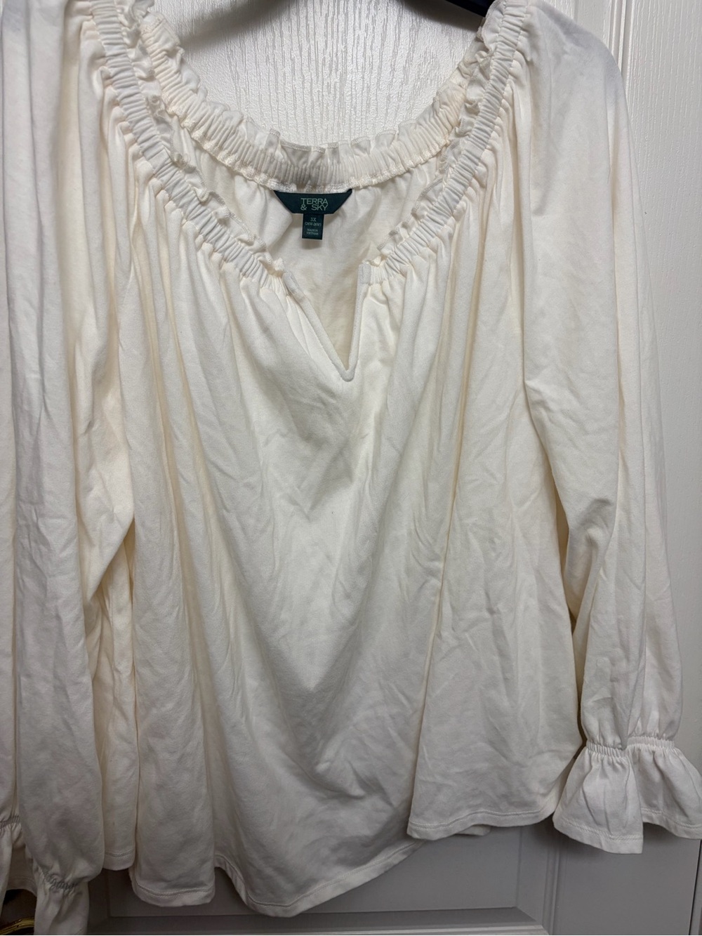 Terra & Sky Cream Ruffle-Neck Peasant Top